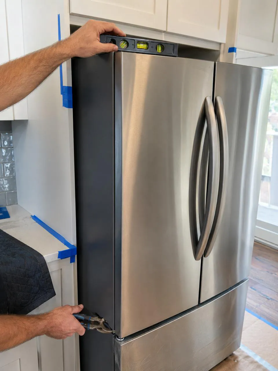 Leveling and adjusting stainless French-door refrigerator in San Diego home