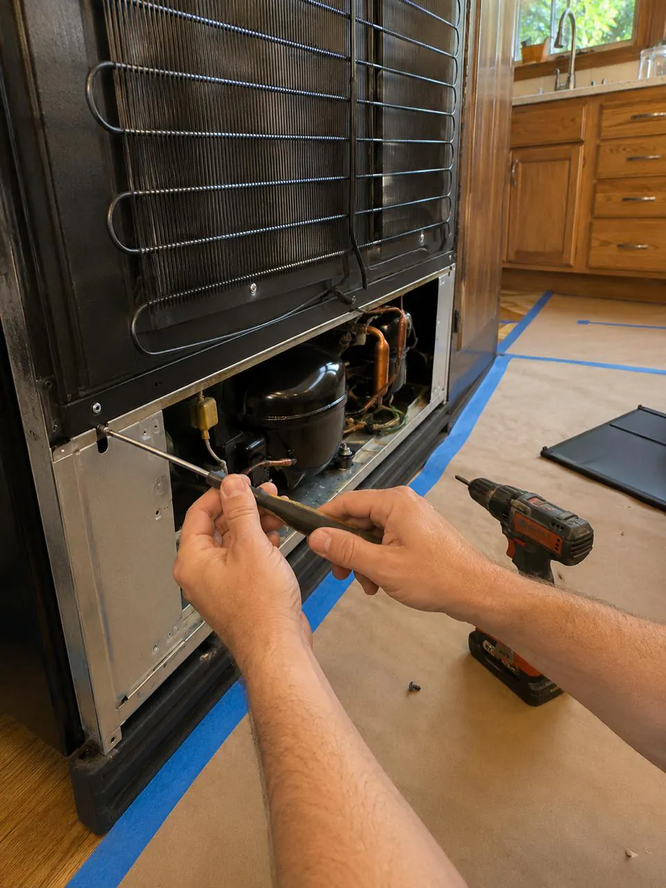 Repairing refrigerator compressor and condenser coils in Southern California kitchen