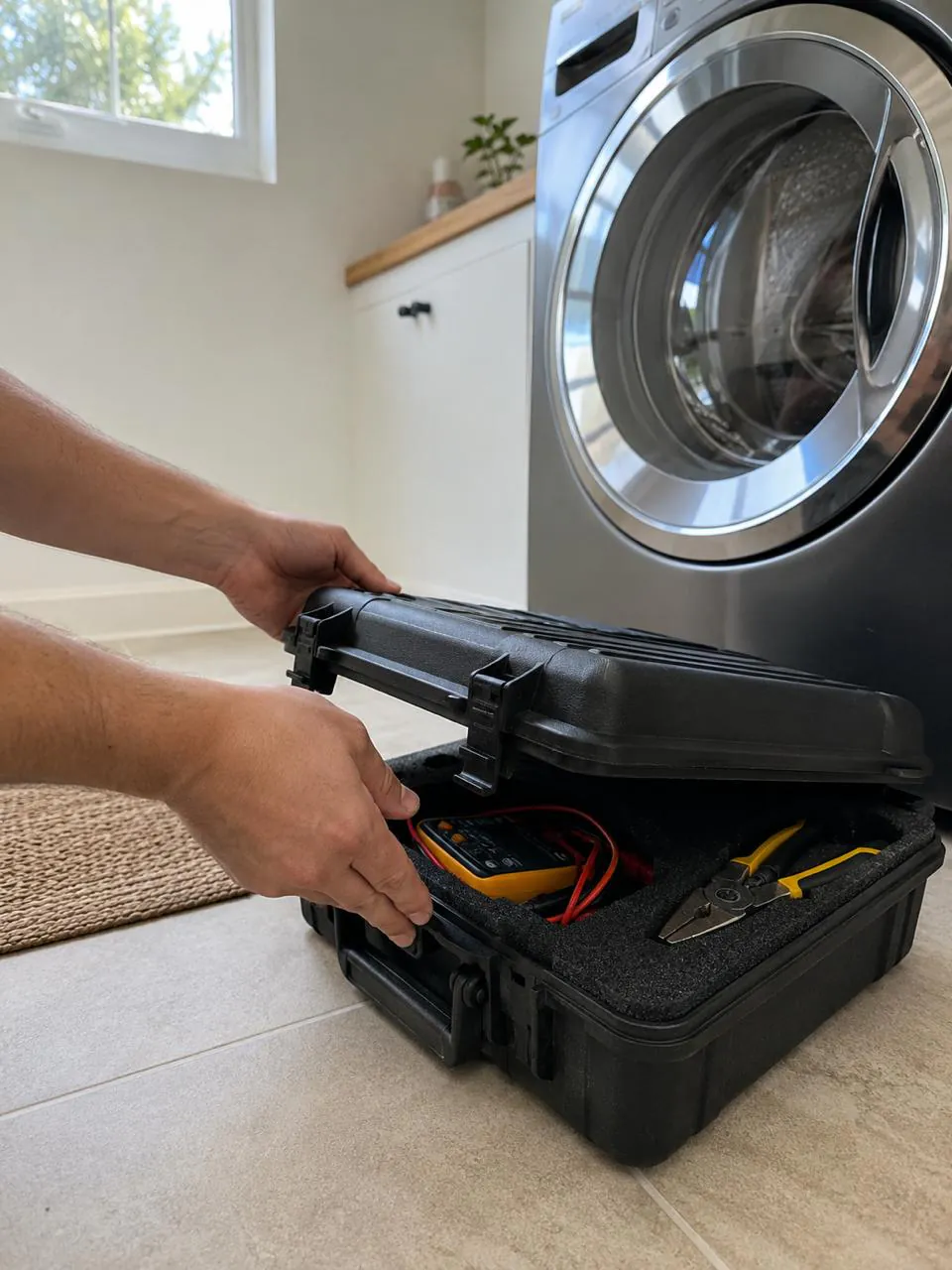 Technician opening tool case to repair front-load washer in San Diego home