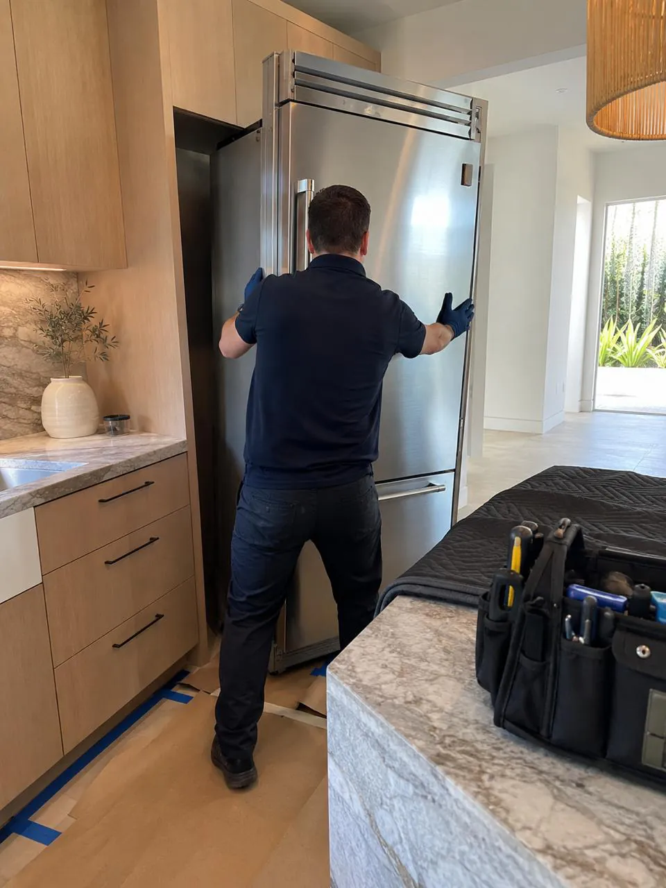 Technician servicing stainless built-in refrigerator in a San Diego kitchen