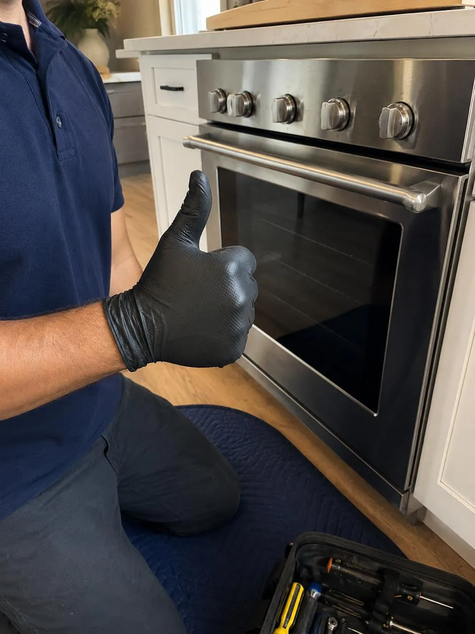 Technician thumbs up after repairing a stainless range oven in San Diego