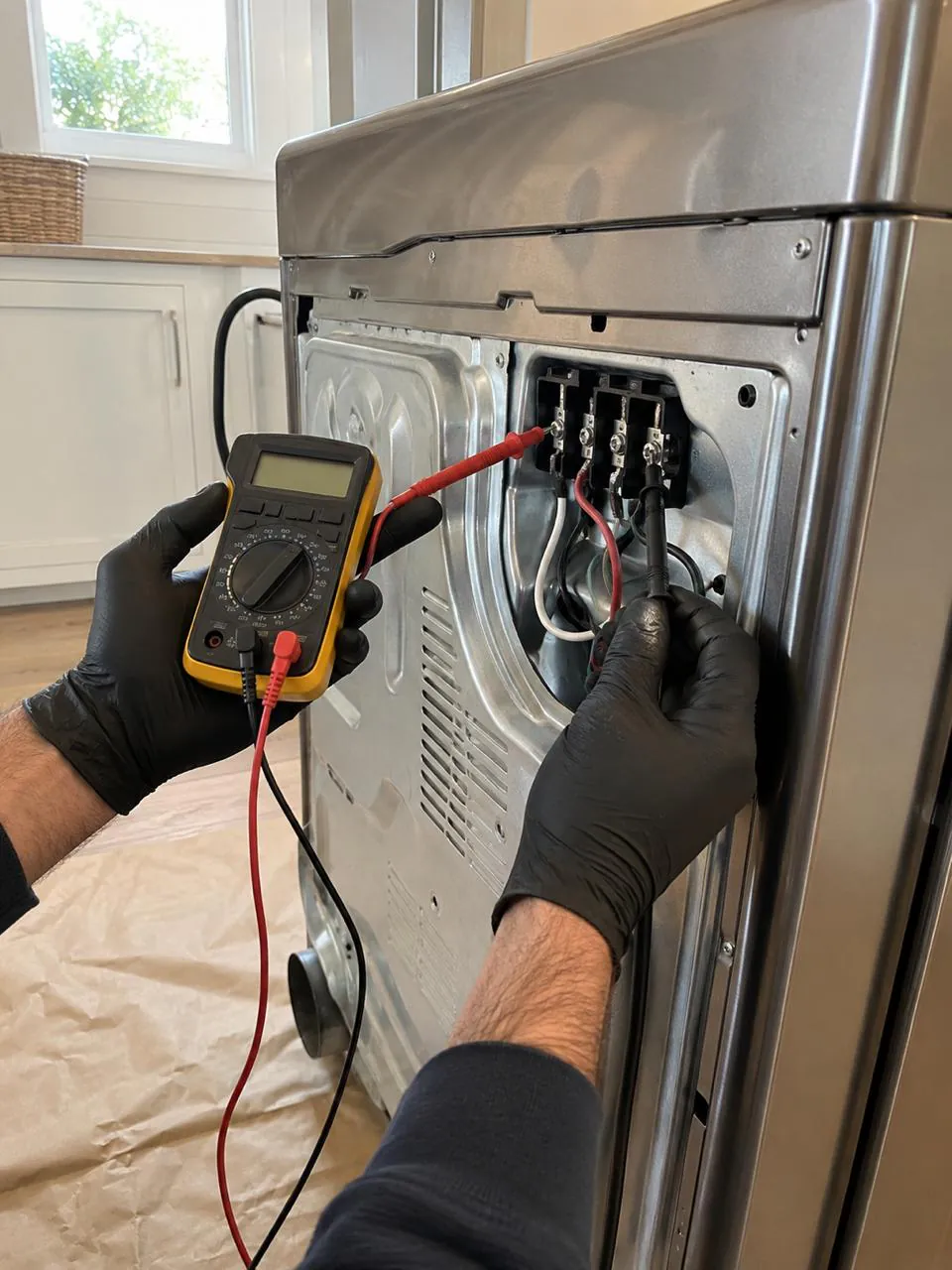 Technician testing dryer terminal block with multimeter in Southern California home